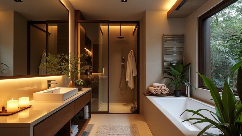 A luxurious bathroom with a freestanding tub, a walk-in shower, and plenty of plants.