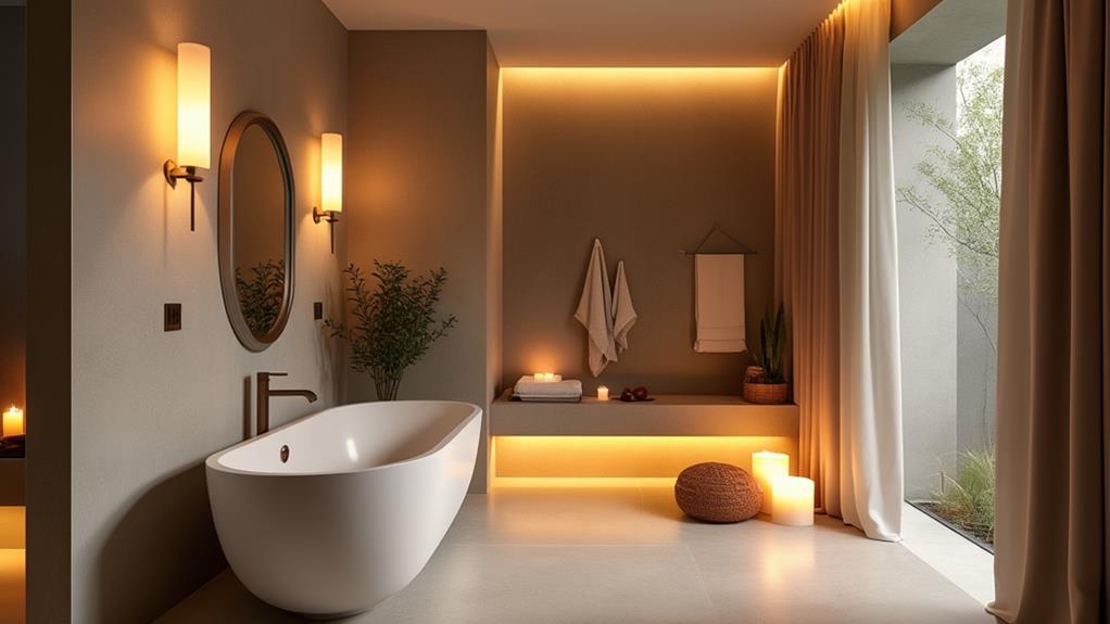 A modern bathroom with a freestanding tub, plants, and warm lighting.