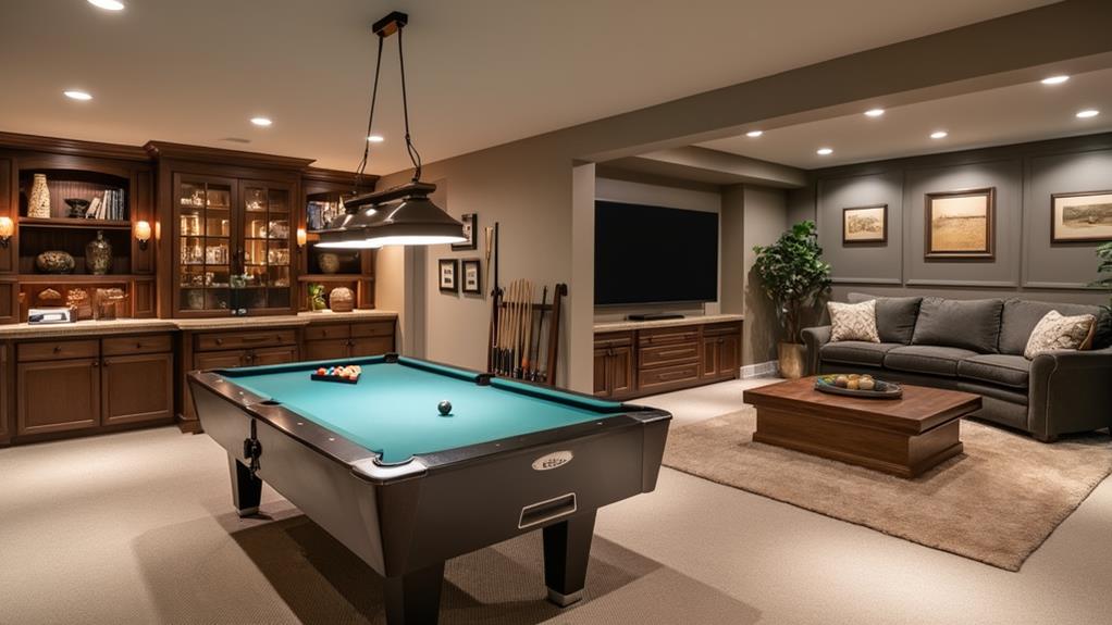 A stylish basement game room with a pool table, seating area, and built-in cabinets.