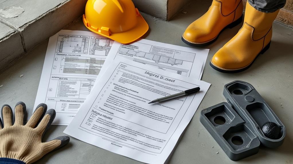 A construction worker's helmet, boots, gloves, and blueprints on a concrete floor, representing basement remodeling.