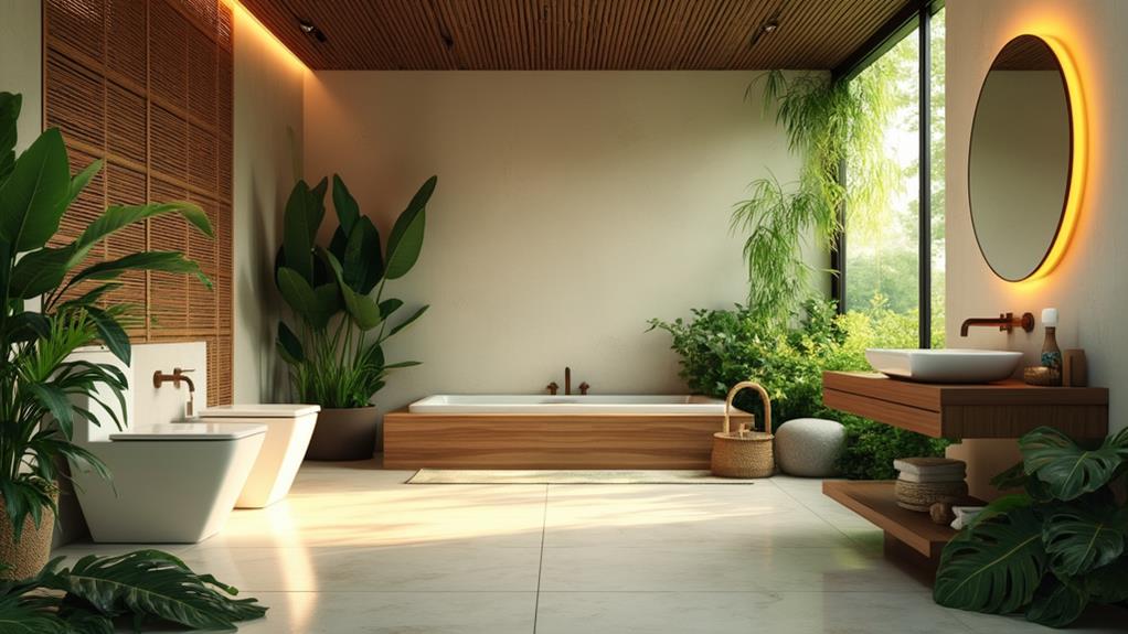 A luxurious bathroom with a freestanding tub, wooden accents, and plenty of plants.