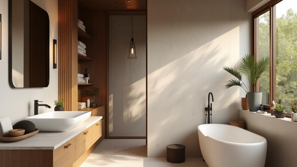 A minimalist bathroom with a freestanding tub, wooden accents, and natural light.