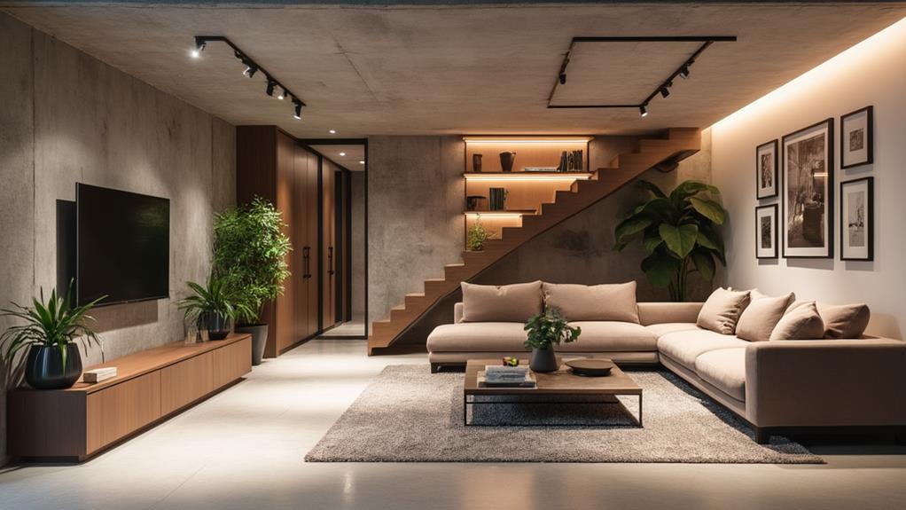 A modern basement living room with a sectional sofa, coffee table, and built-in shelves.