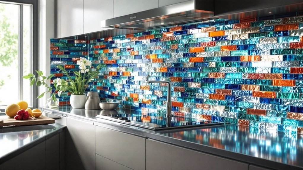 Kitchen with glass tile backsplash.
